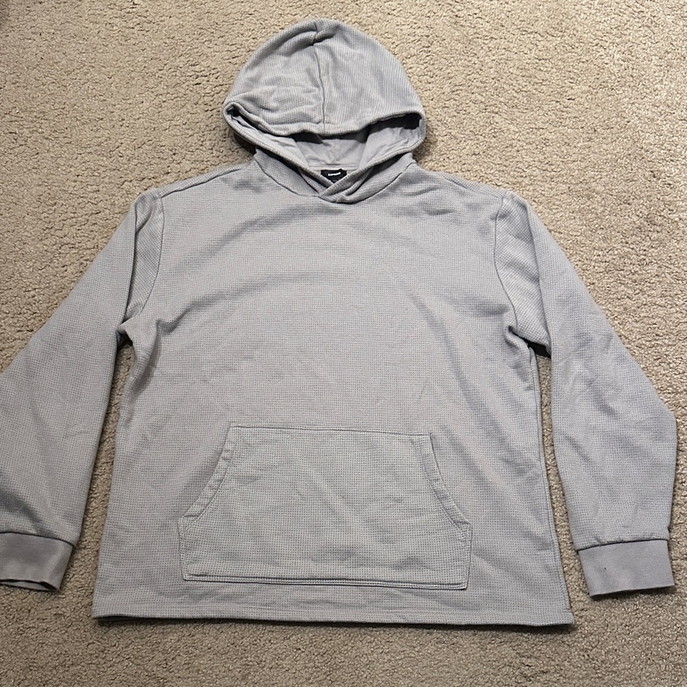 Express Mens Long Sleeve Textured Hoodie Pullover Sweatshirt Light Gray Size L